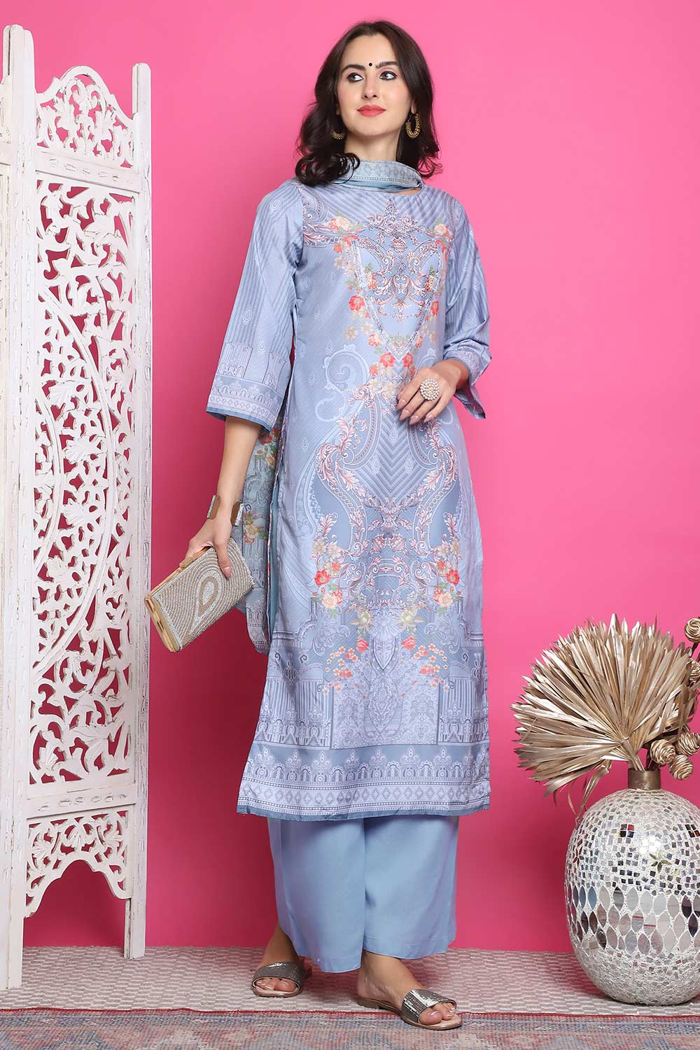 Grey Satin Digital Printed Salwar Suit