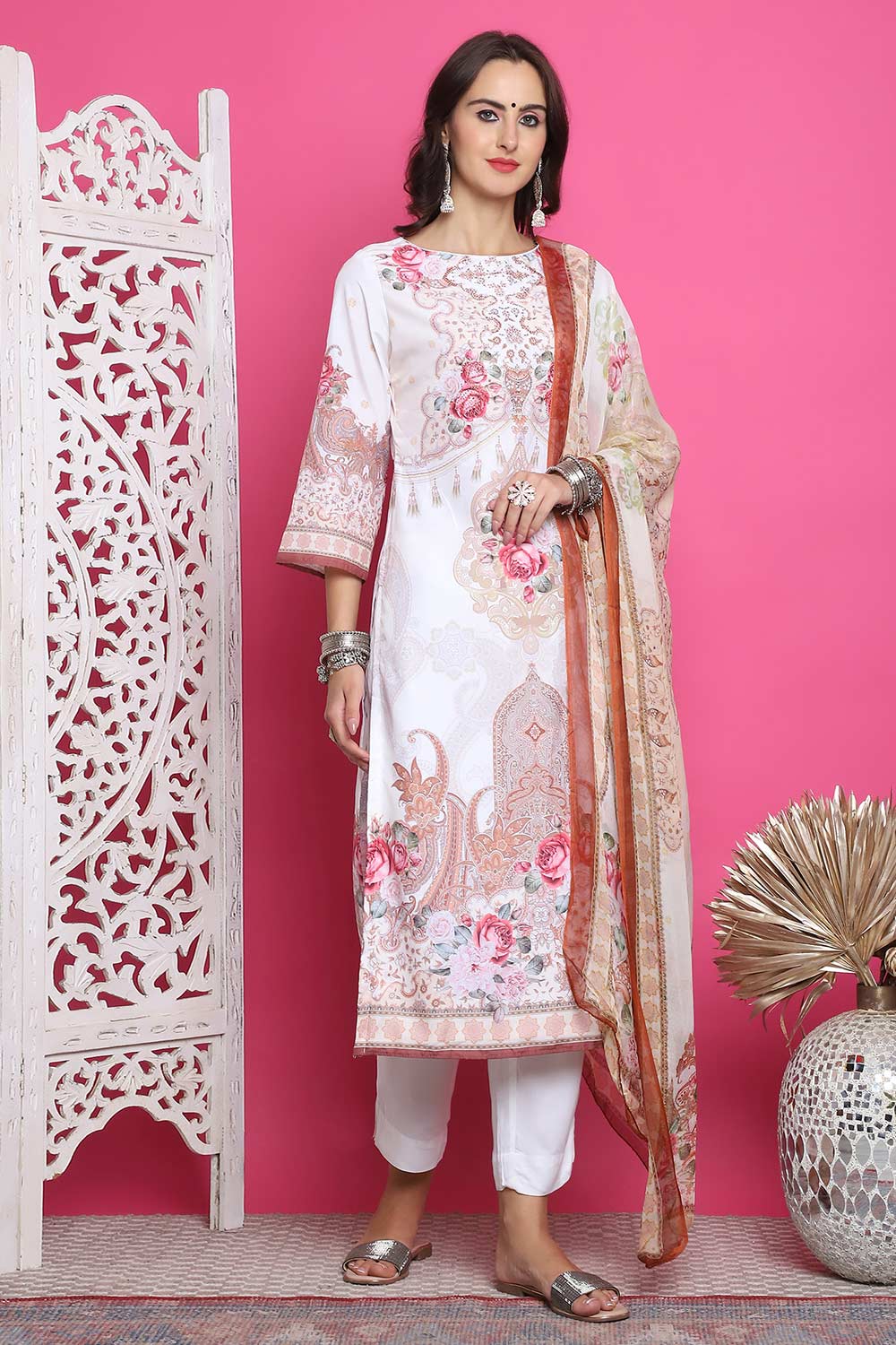 Cream Satin Digital Printed Salwar Suit