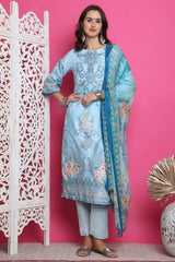 Turquoise Satin Digital Printed Salwar Suit