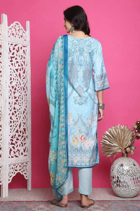 Turquoise Satin Digital Printed Salwar Suit