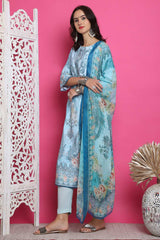 Turquoise Satin Digital Printed Salwar Suit