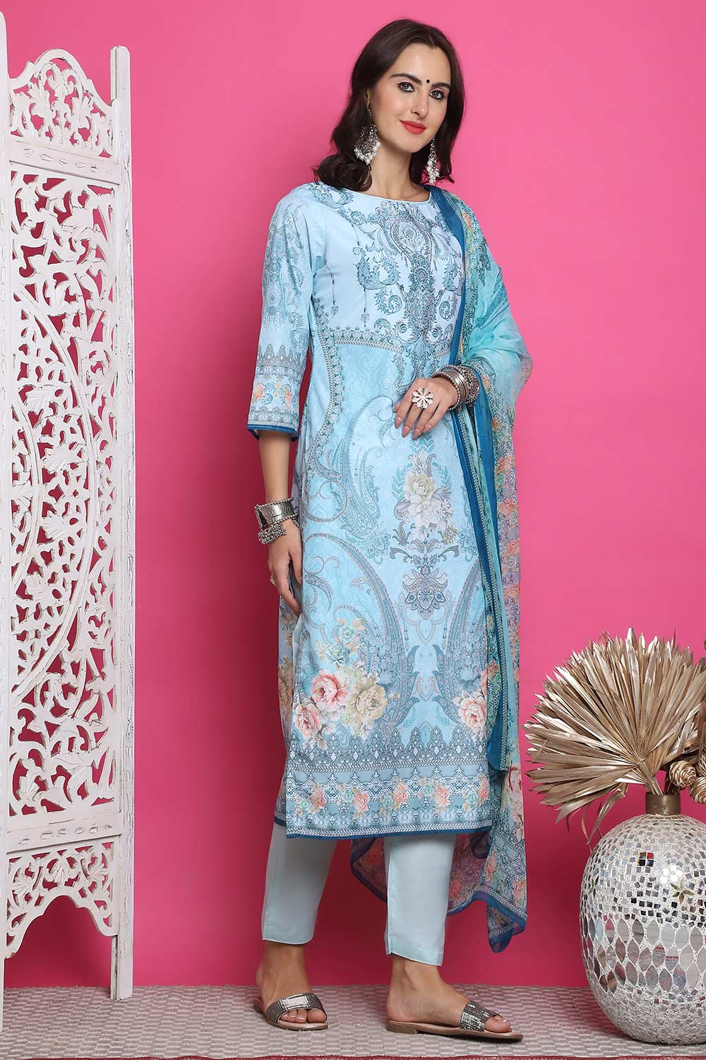 Turquoise Satin Digital Printed Salwar Suit