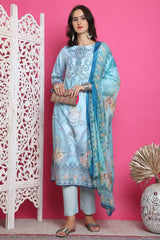 Turquoise Satin Digital Printed Salwar Suit