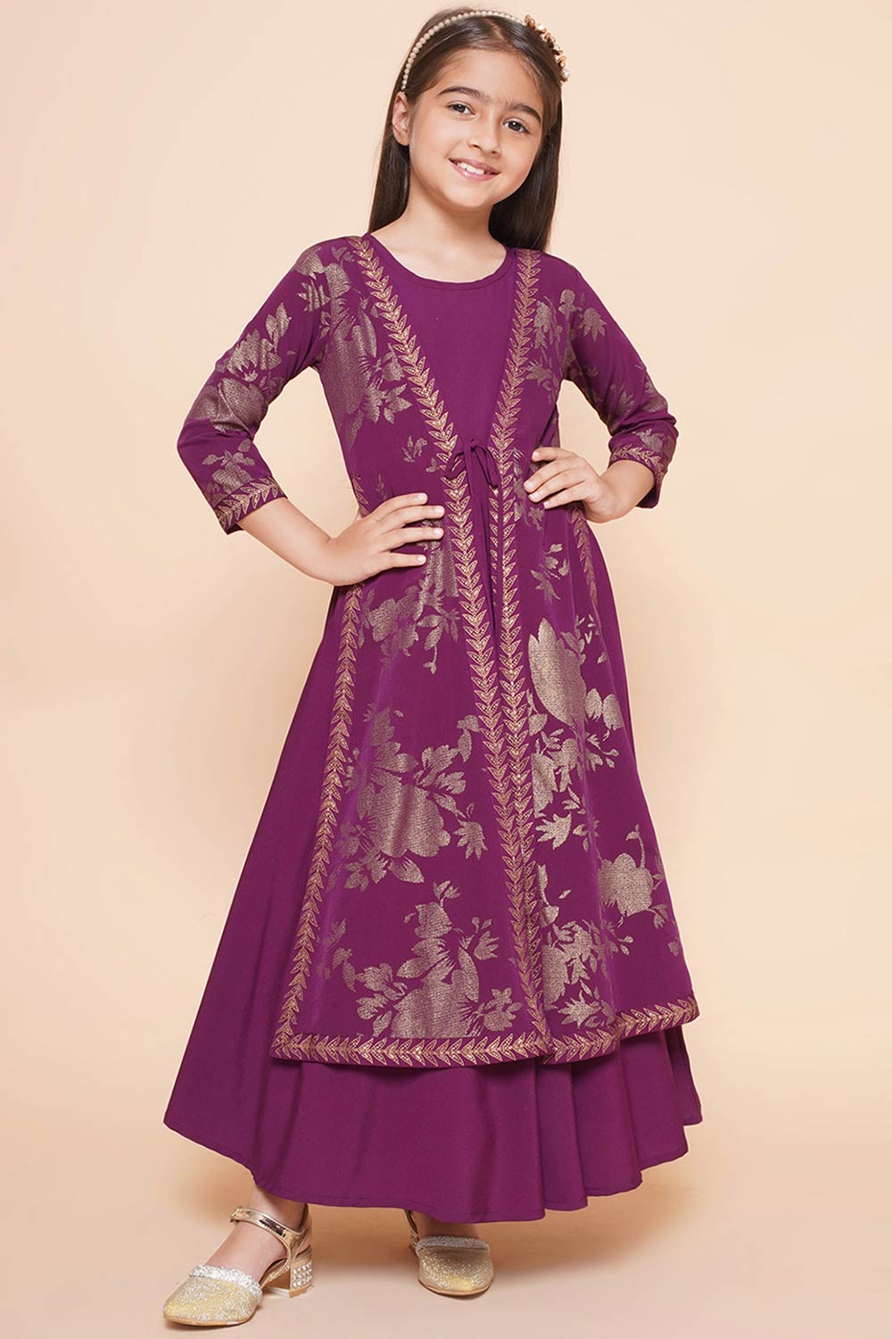 Burgundy Polyester Printed Flared Round Neck Dresses