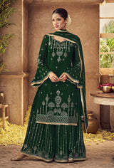 Women's Dark Green Georgette Embroidered Semi Stitched Salwar Kameez