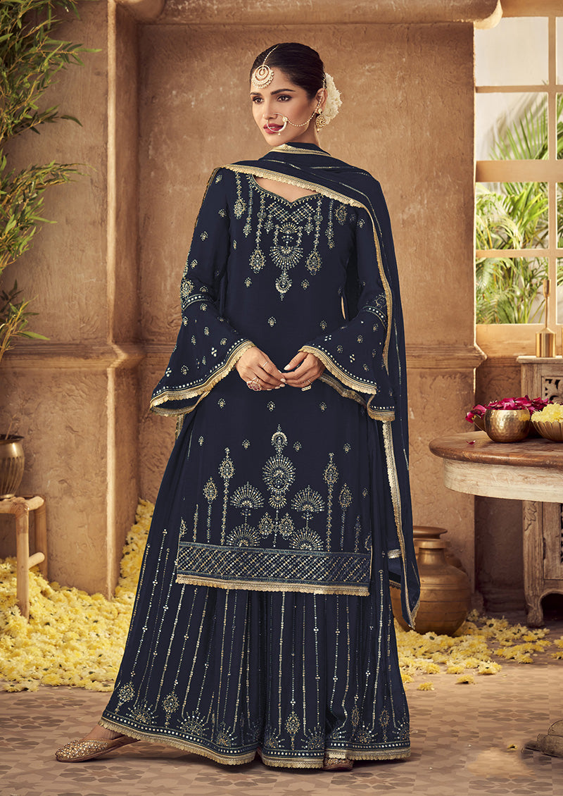 Women's Navy Blue Georgette Embroidered Semi Stitched Salwar Kameez