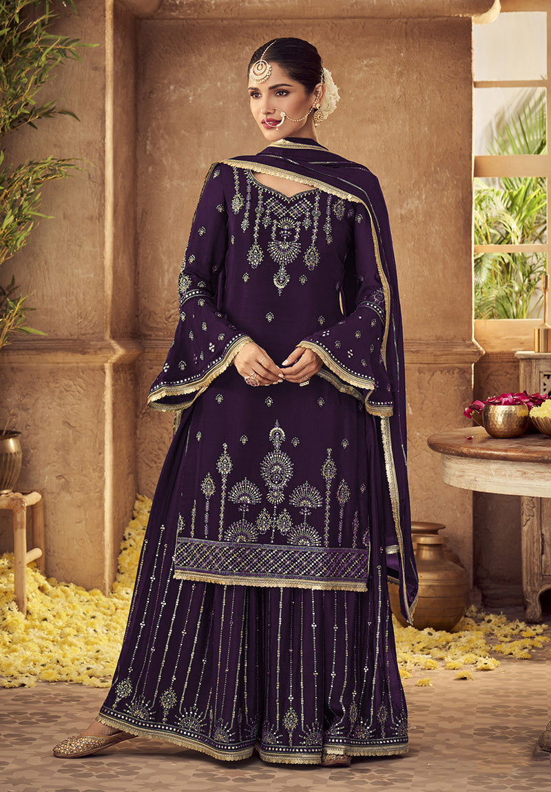Women's Dark purple georgette embroidered semi stitched salwar kameez