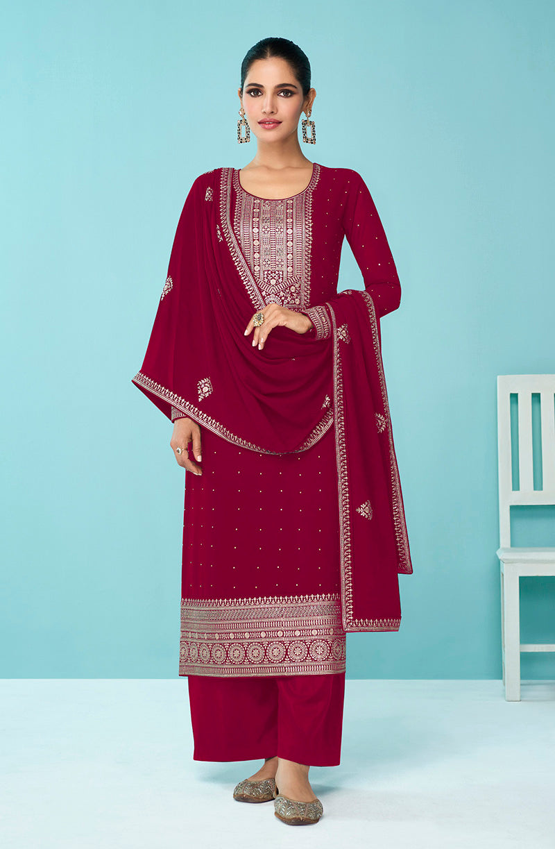 Women's Magenta Embroidered Georgette Trendy Salwar Suit