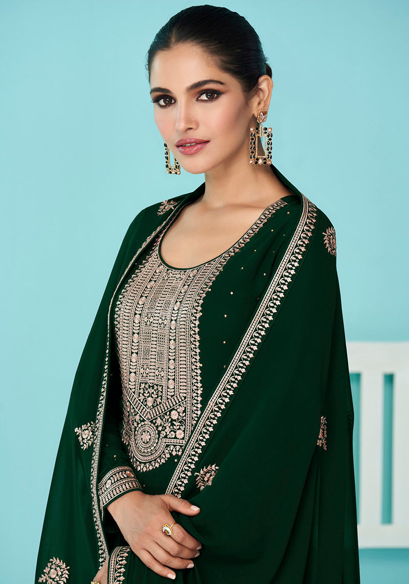 Women's Dark Green Embroidered Georgette Trendy Salwar Suit