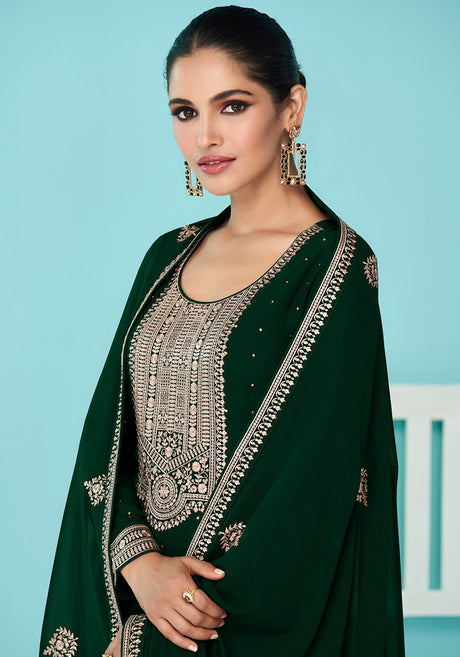 Women's Dark Green Embroidered Georgette Trendy Salwar Suit