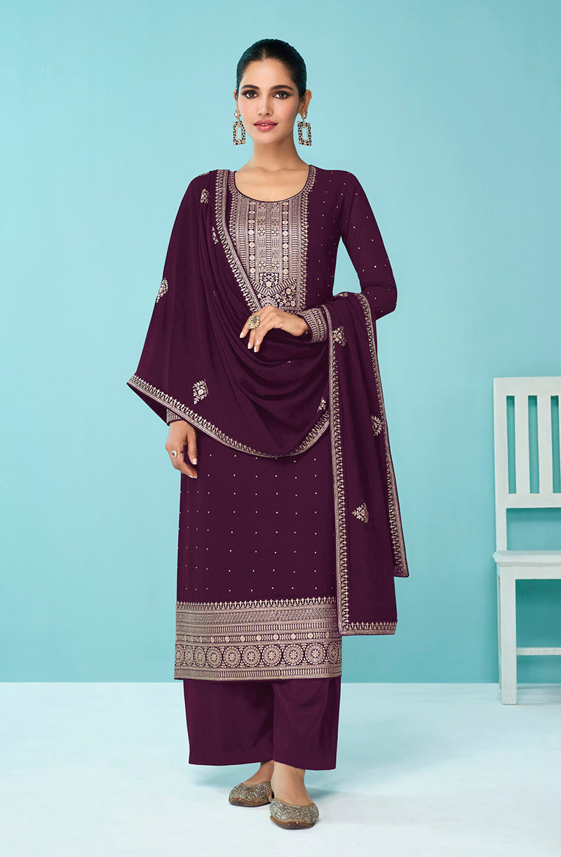 Women's Dark Purple Embroidered Georgette Trendy Salwar Suit