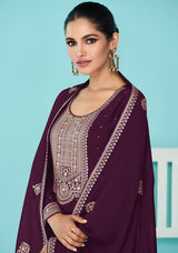 Women's Dark Purple Embroidered Georgette Trendy Salwar Suit