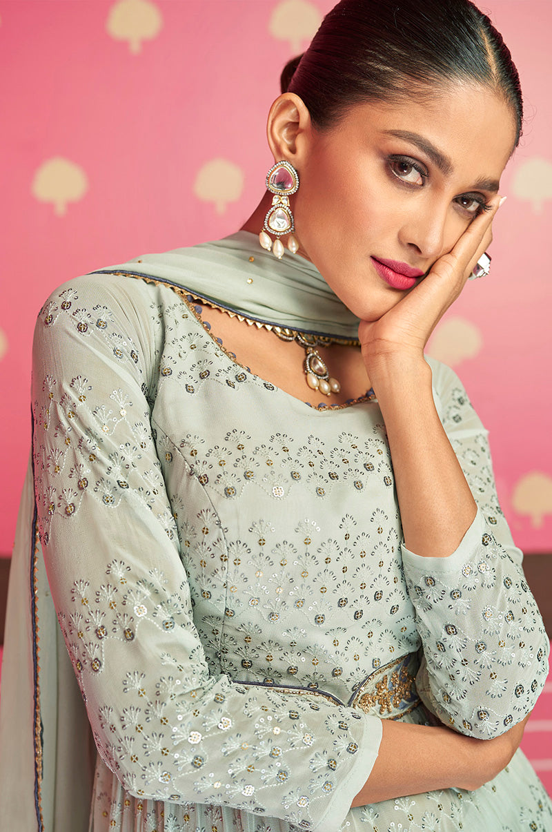 Women's Designer Georgette Suit In Sky Blue With Sequins Work