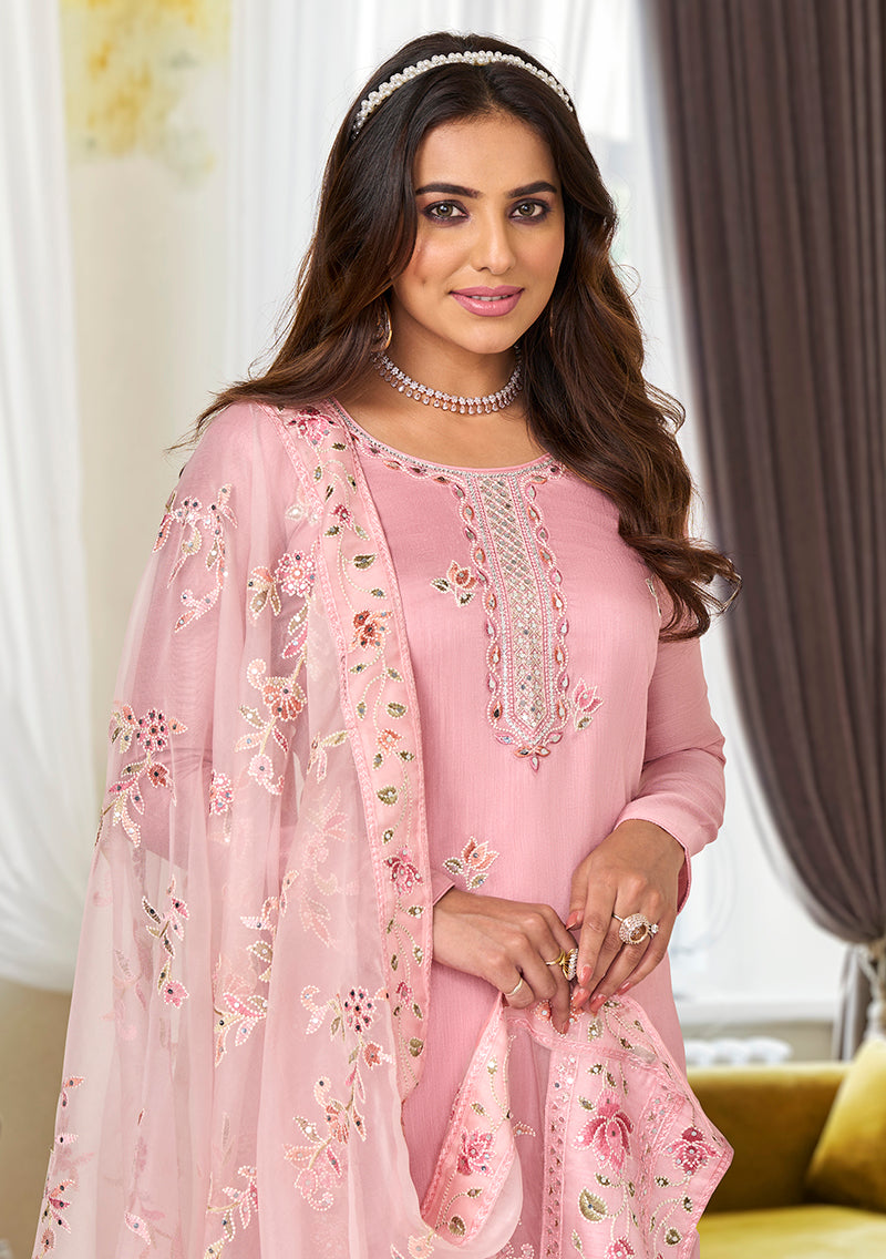 Women's Maheshwari Viscose Silk Embroidered Suit In Pink