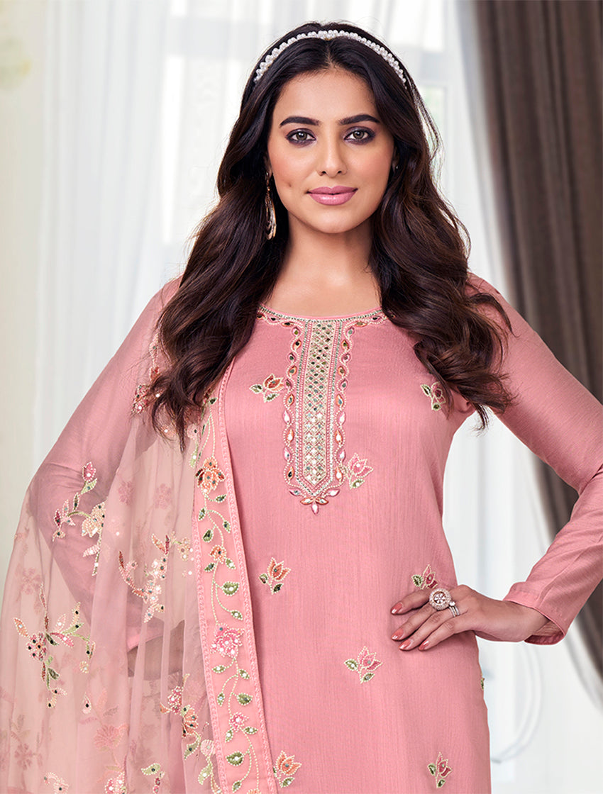 Women's Maheshwari Viscose Silk Embroidered Suit In Pink