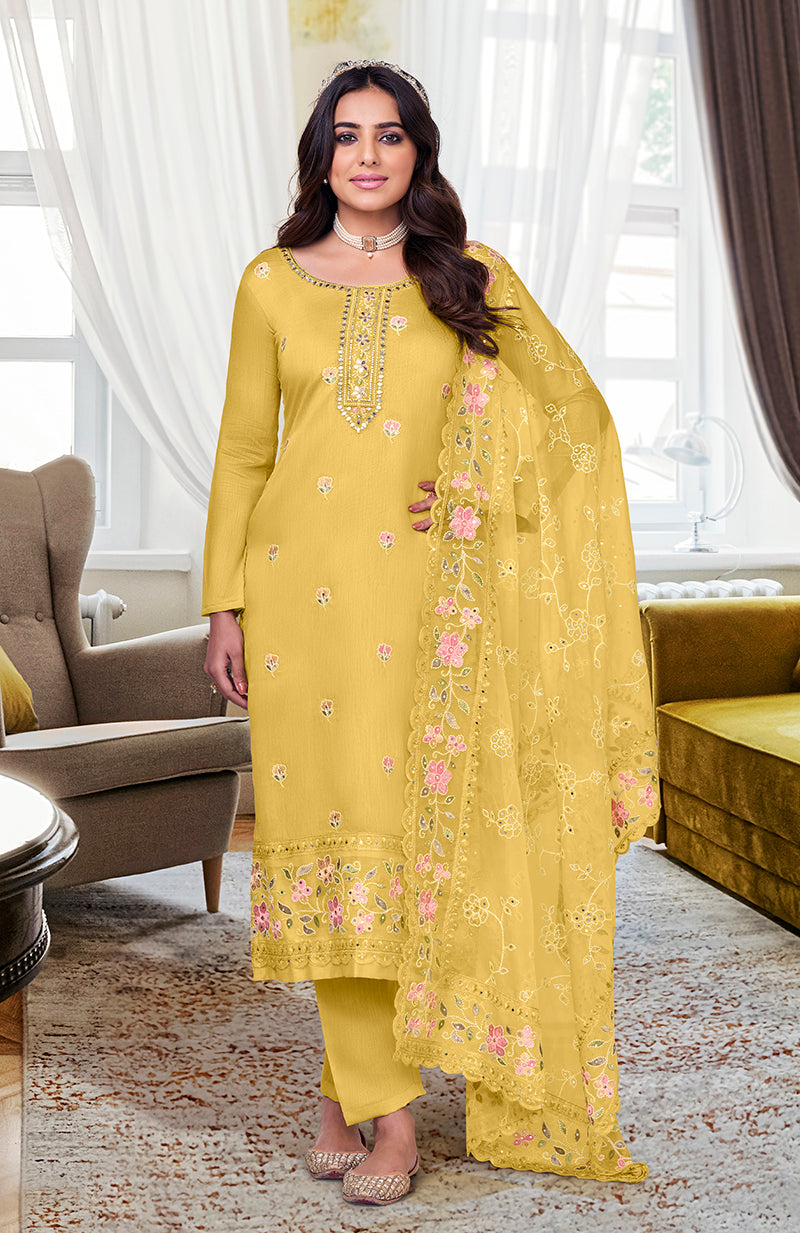 Women's Maheshwari Viscose Silk Embroidered Suit In Yellow