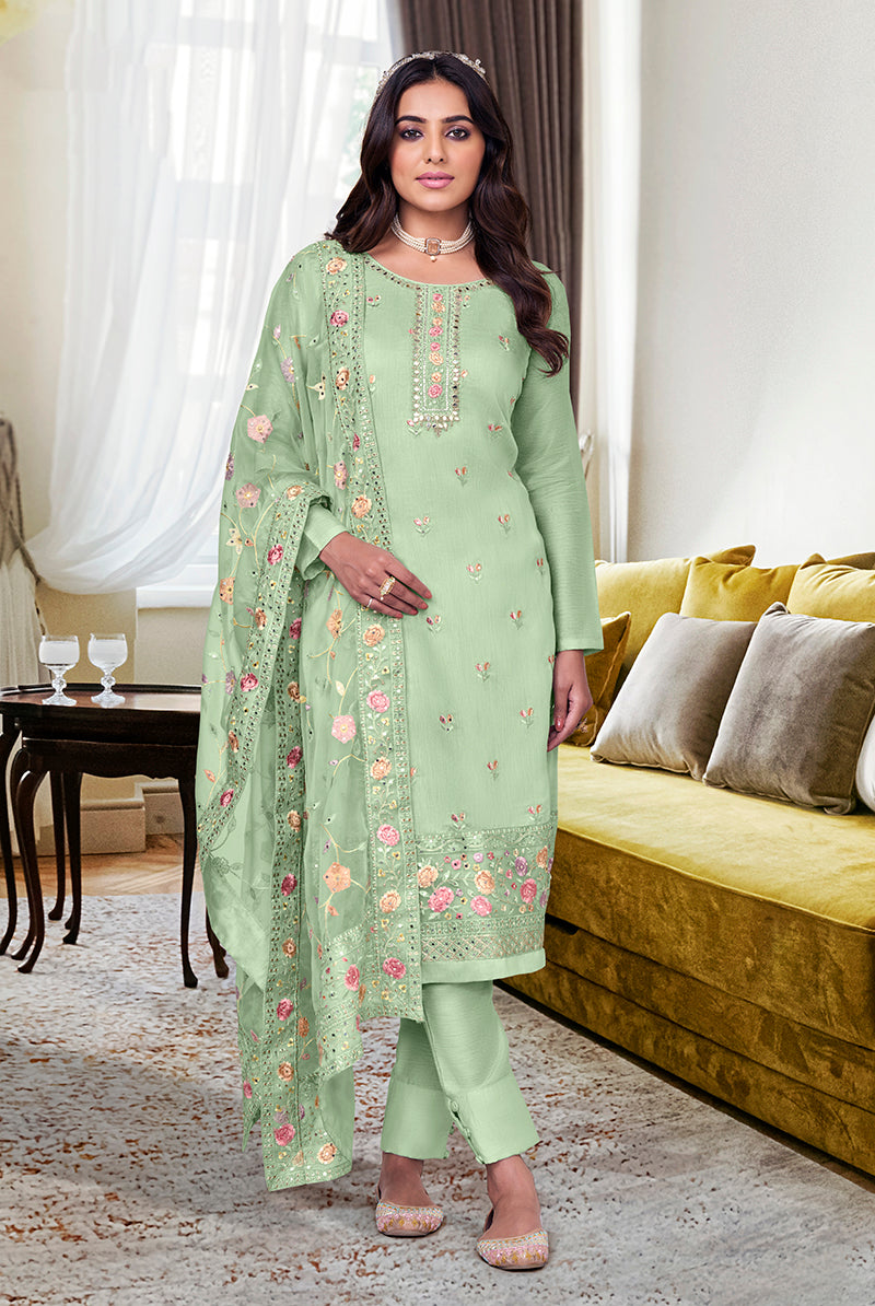 Women's Maheshwari viscose silk Embroidered Suit in Mint Green