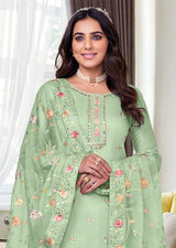 Women's Maheshwari viscose silk Embroidered Suit in Mint Green