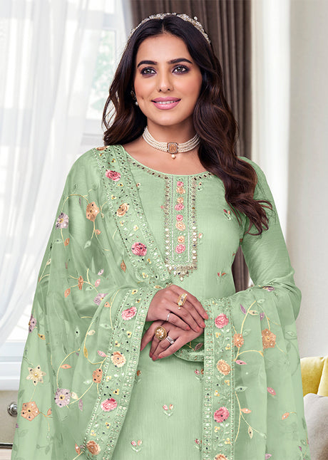 Women's Maheshwari viscose silk Embroidred Suit in Mint Green