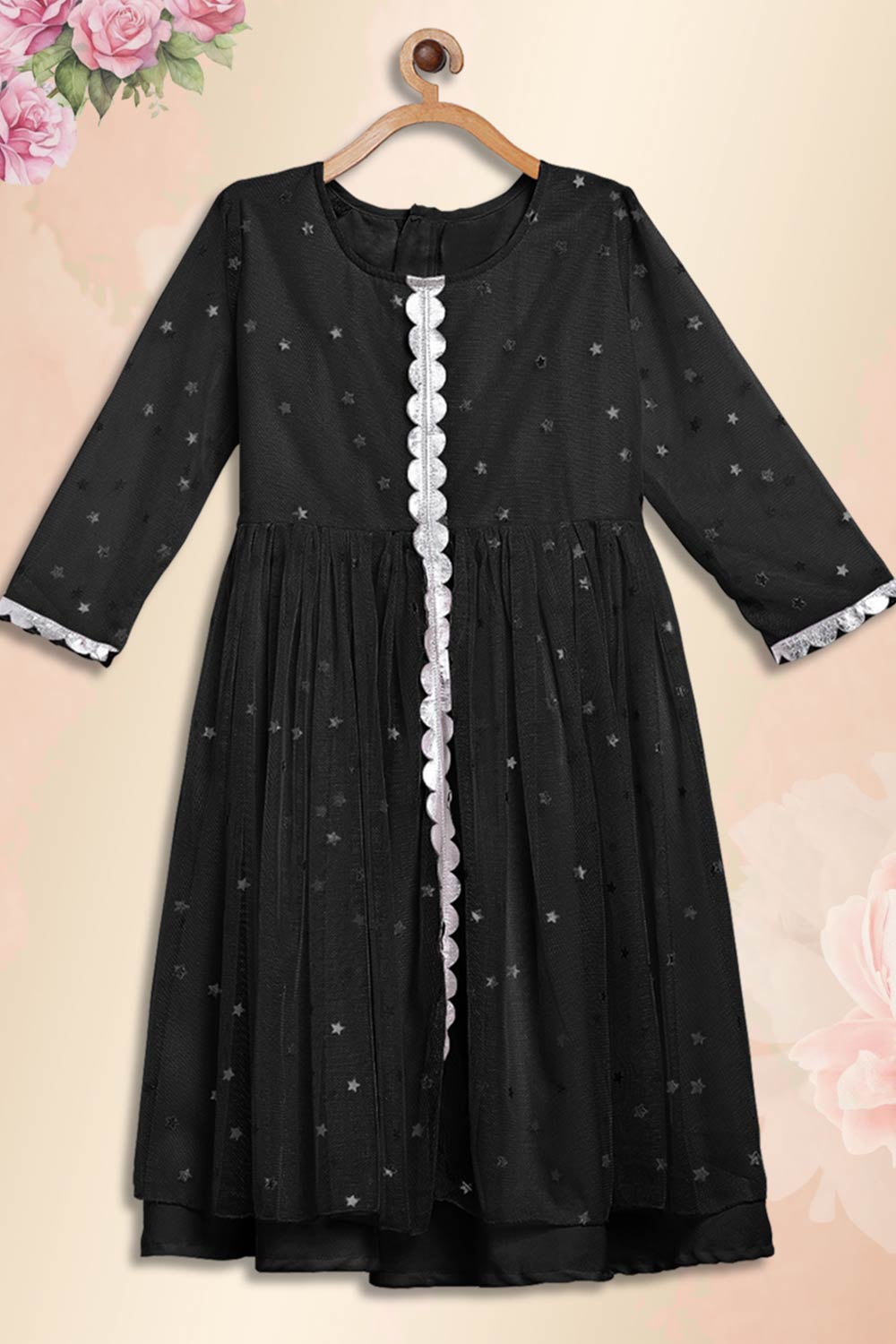 Black Polyester Printed Straight Round Neck Dresses