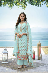 Women's Faux Georgette Embroidered Light Blue Trendy Salwar Kameez