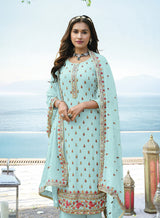 Women's Faux Georgette Embroidered Light Blue Trendy Salwar Kameez