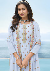 Women's Faux Georgette Embroidered Pastel Blue Trendy Salwar Kameez