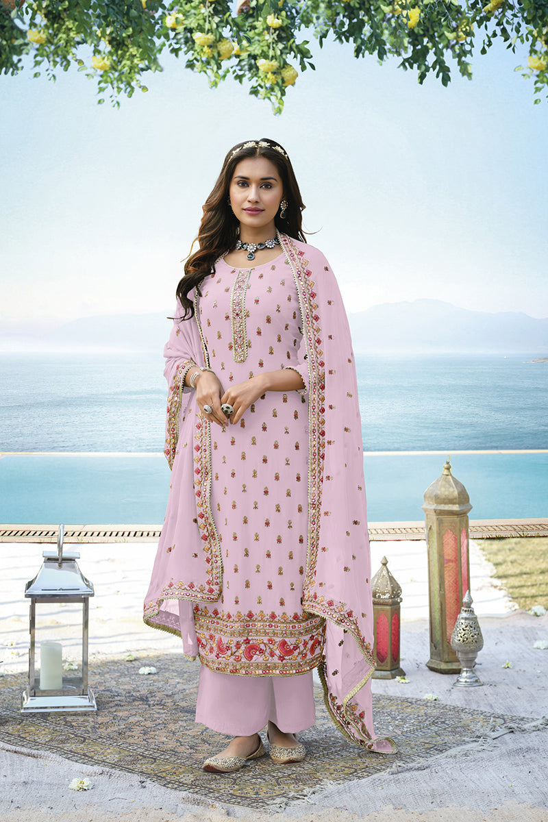 Women's Faux Georgette Embroidered Pastel Pink Trendy Salwar Kameez