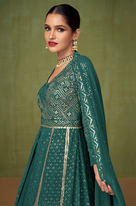 Women's Teal Color Sequins Work Georgette Anarkali Salwar Kameez