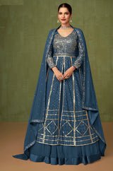 Women's Aegean Blue Color Sequins Work Georgette Anarkali Salwar Kameez