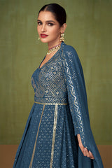 Women's Aegean Blue Color Sequins Work Georgette Anarkali Salwar Kameez