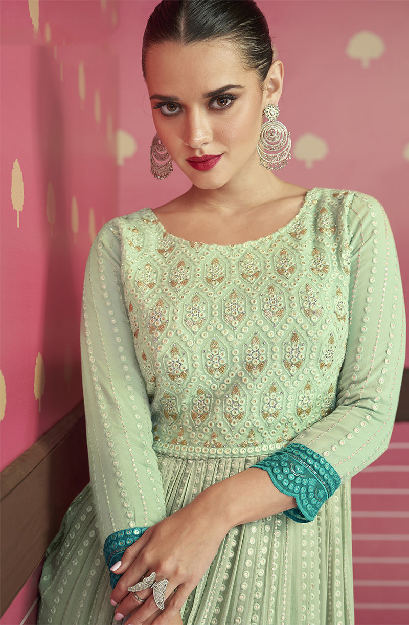 Women's Mint Green Cotton Thread Work Festival Wear Salwar Kameez