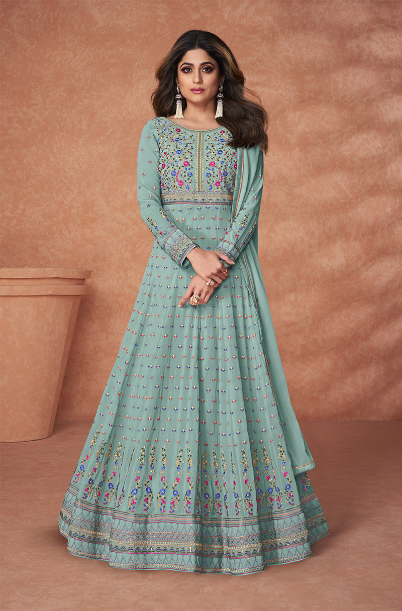 Women's Sky Blue Faux Georgette Trendy Floor Length Salwar Suit