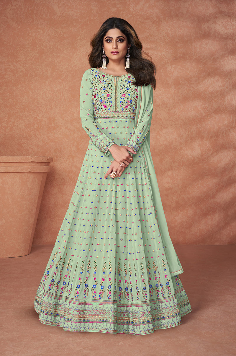 Women's Mint Green Faux Georgette Trendy Floor Length Salwar Suit