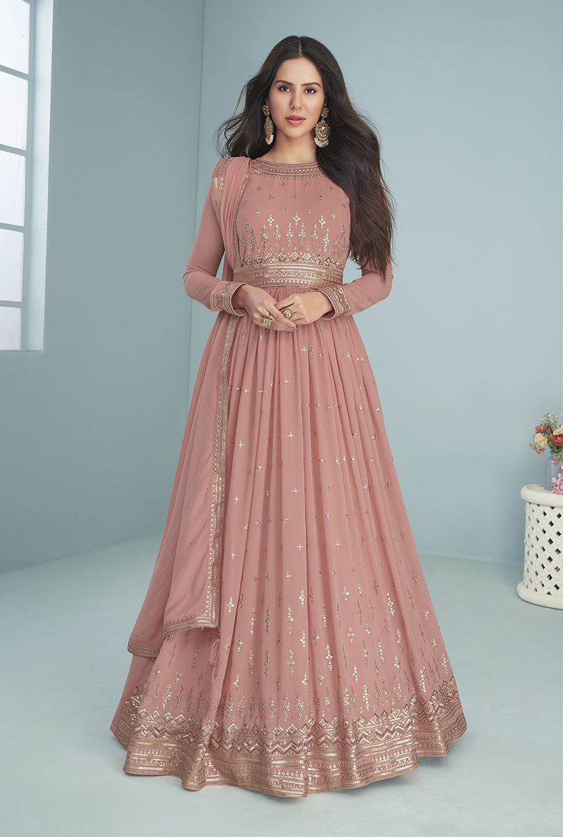 Women's Peach Embroidered Georgette Festival Wear Anarkali Salwar