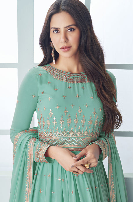 Women's Turquoise Embroidered Georgette Festival Wear Anarkali Salwar