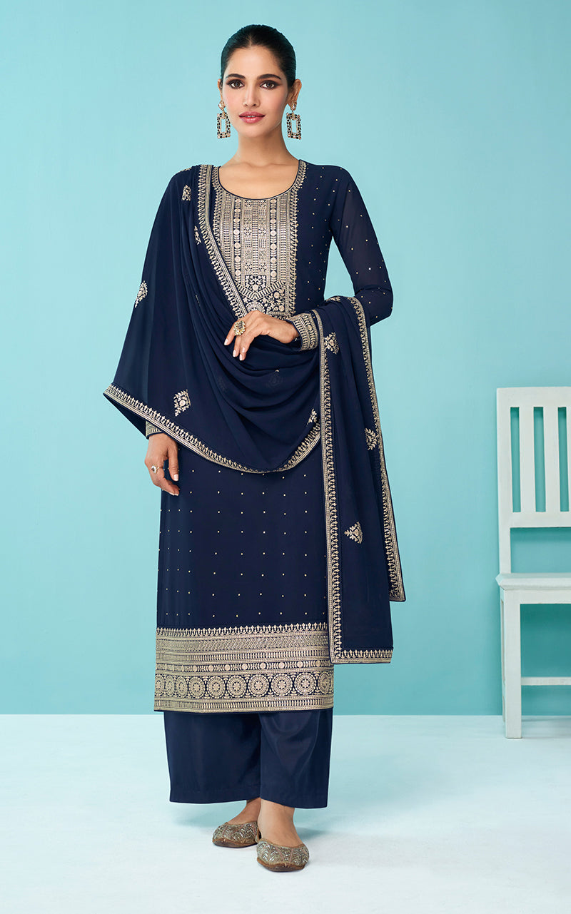 Women's Navy Blue Georgette Sangeet Trendy Salwar Kameez