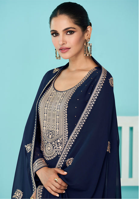 Women's Navy Blue Georgette Sangeet Trendy Salwar Kameez