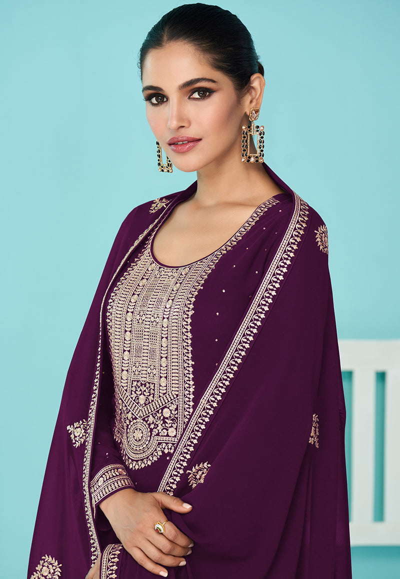 Women's Dark Purple Georgette Sangeet Trendy Salwar Kameez