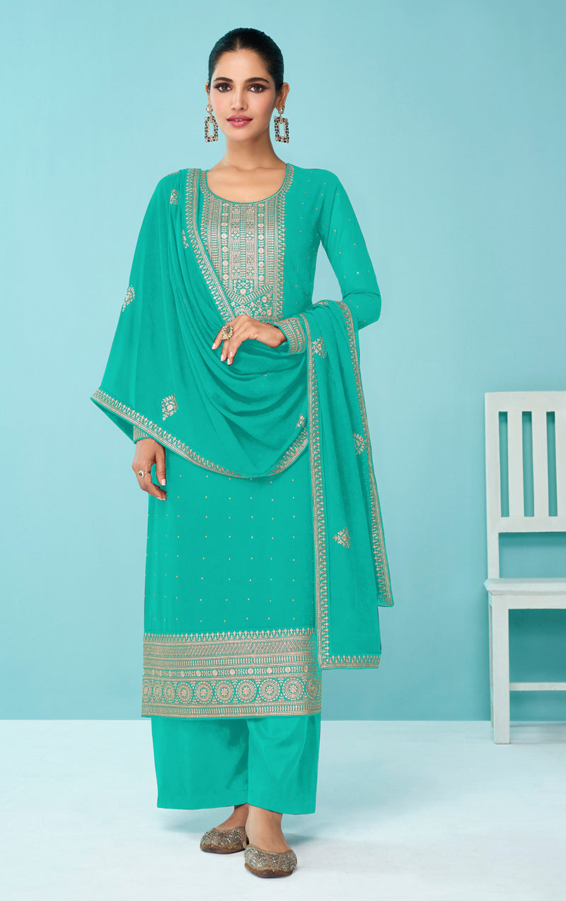 Women's Turquoise Georgette Sangeet Trendy Salwar Kameez