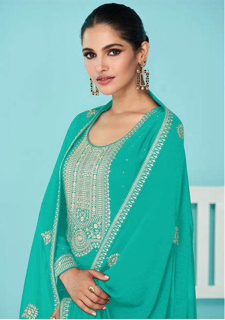 Women's Turquoise Georgette Sangeet Trendy Salwar Kameez
