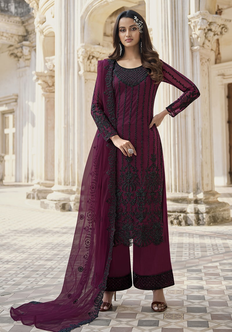 Women's Dark Wine Embroidered Trendy Salwar Kameez