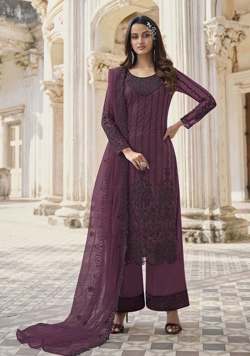 Women's Dark Mauve Embroidered Trendy Salwar Kameez