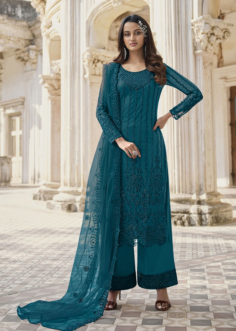 Women's Dark Aqua Blue Embroidered Trendy Salwar Kameez