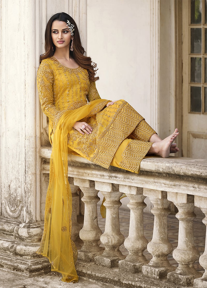 Women's Mustard Embroidered Trendy Salwar Kameez