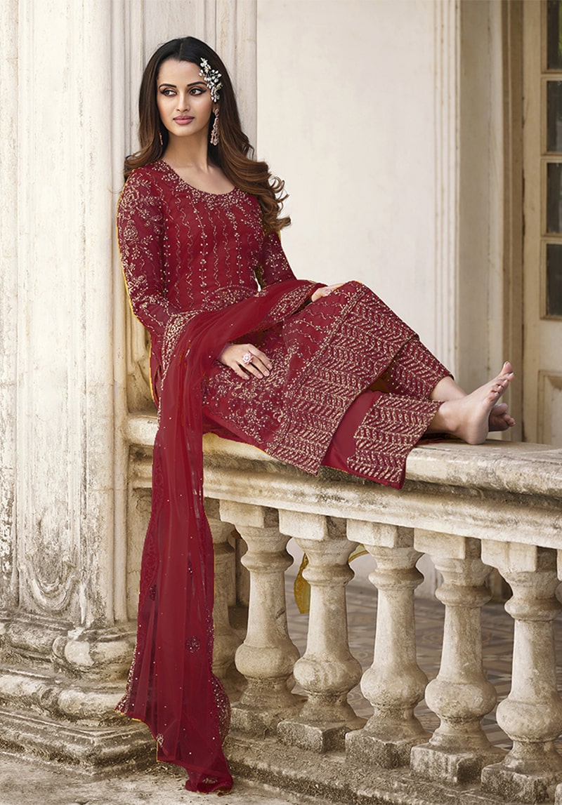 Women's Maroon Embroidered Trendy Salwar Kameez