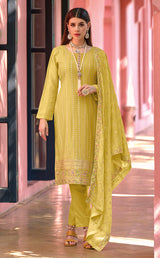 Women's Georgette Yellow Embroidered Straight Salwar Suit