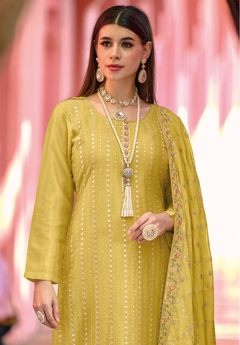 Women's Georgette Yellow Embroidered Straight Salwar Suit