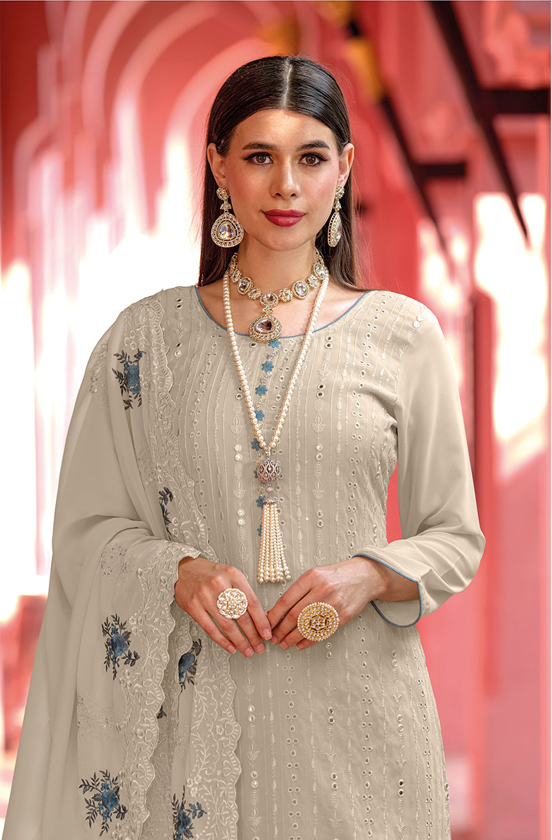Women's Georgette Light grey Embroidered Straight Salwar Suit