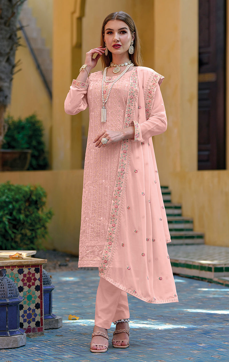 Women's Georgette Peach Embroidered Straight Salwar Suit